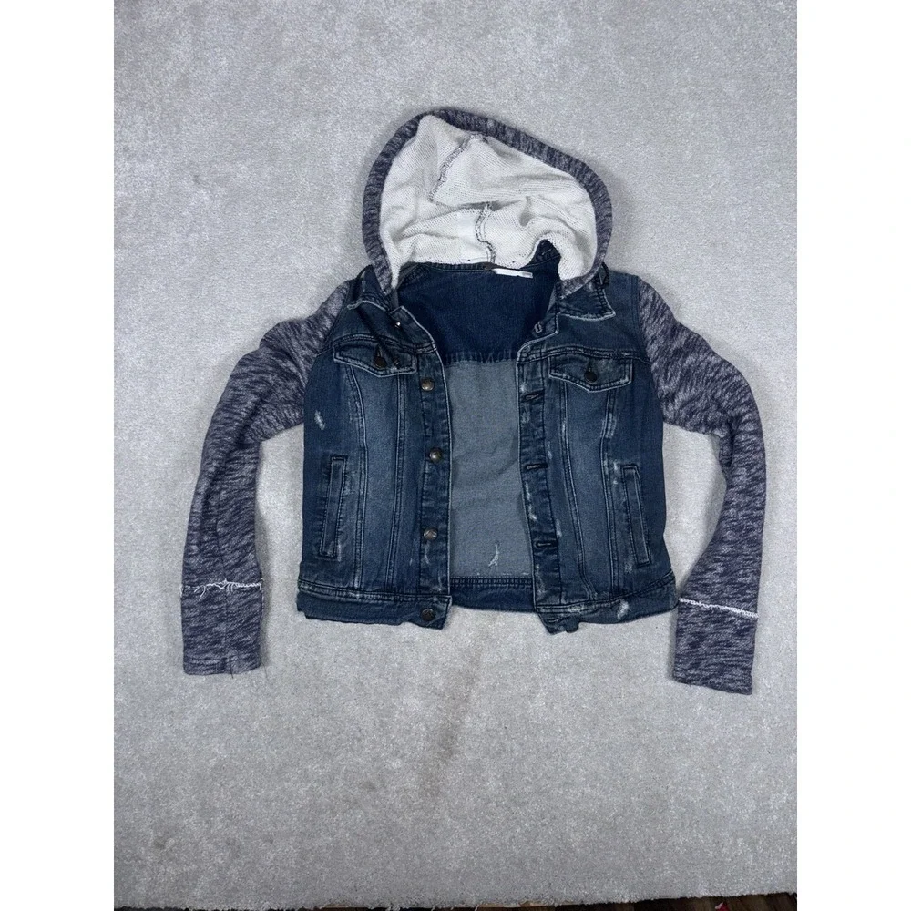 Free People Women's Cotton Denim Jean Woven Knit Sleeves Hoodie Jacket Blue Gray - Picture 4 of 10